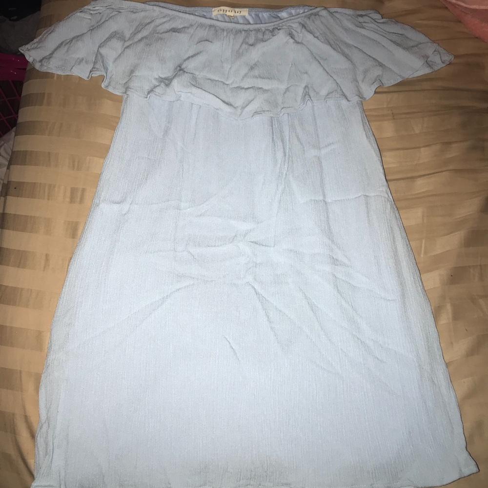 baby blue off the shoulder dress with pockets .